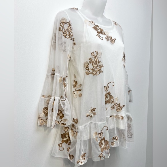 Soft Surroundings Embroidered Mesh Layered Top White Brown Tan Size Small - Picture 2 of 12
